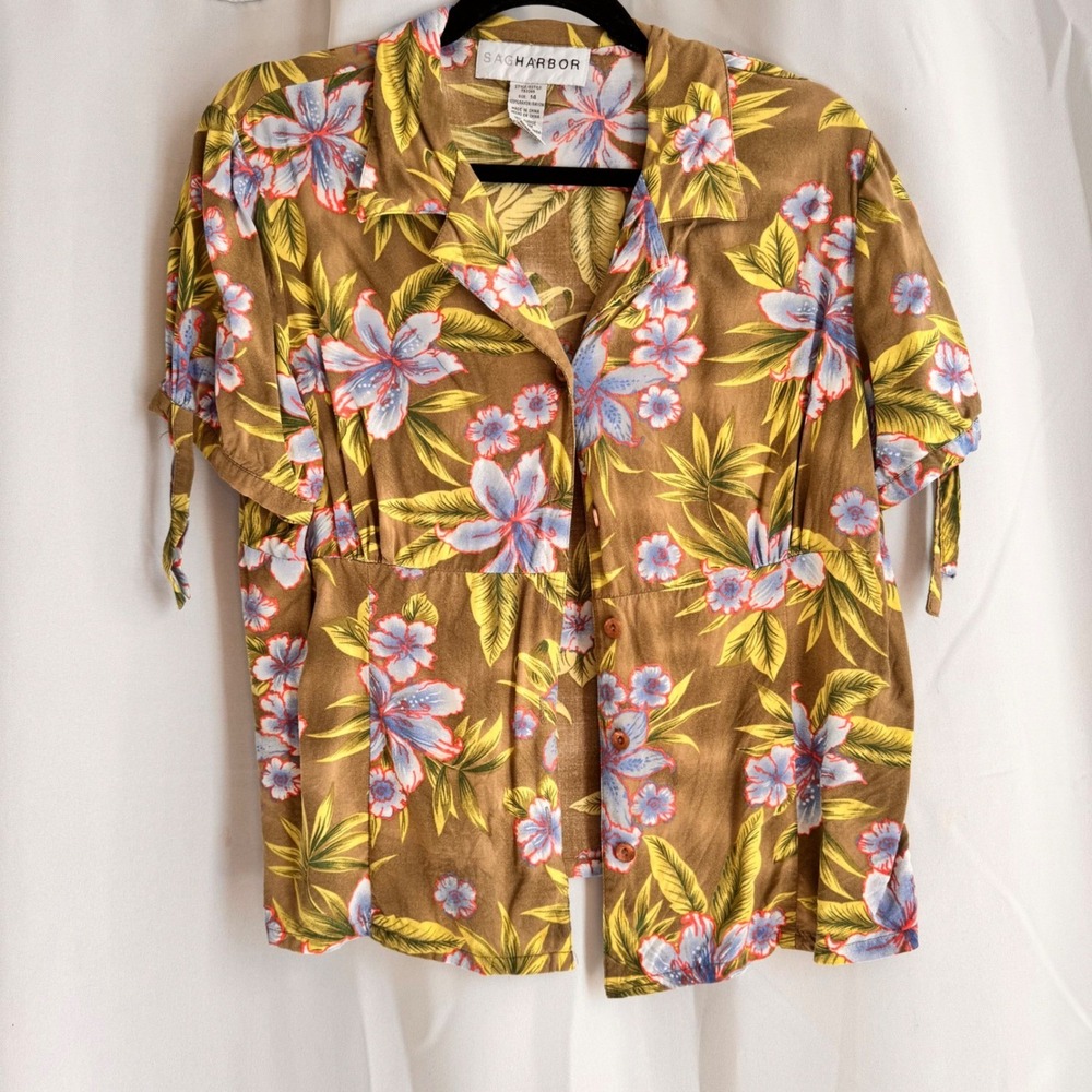 VTG Sag Harbor Women's Tropical Floral Rayon Tie Sleeve‎ Button Up Shirt Size 14